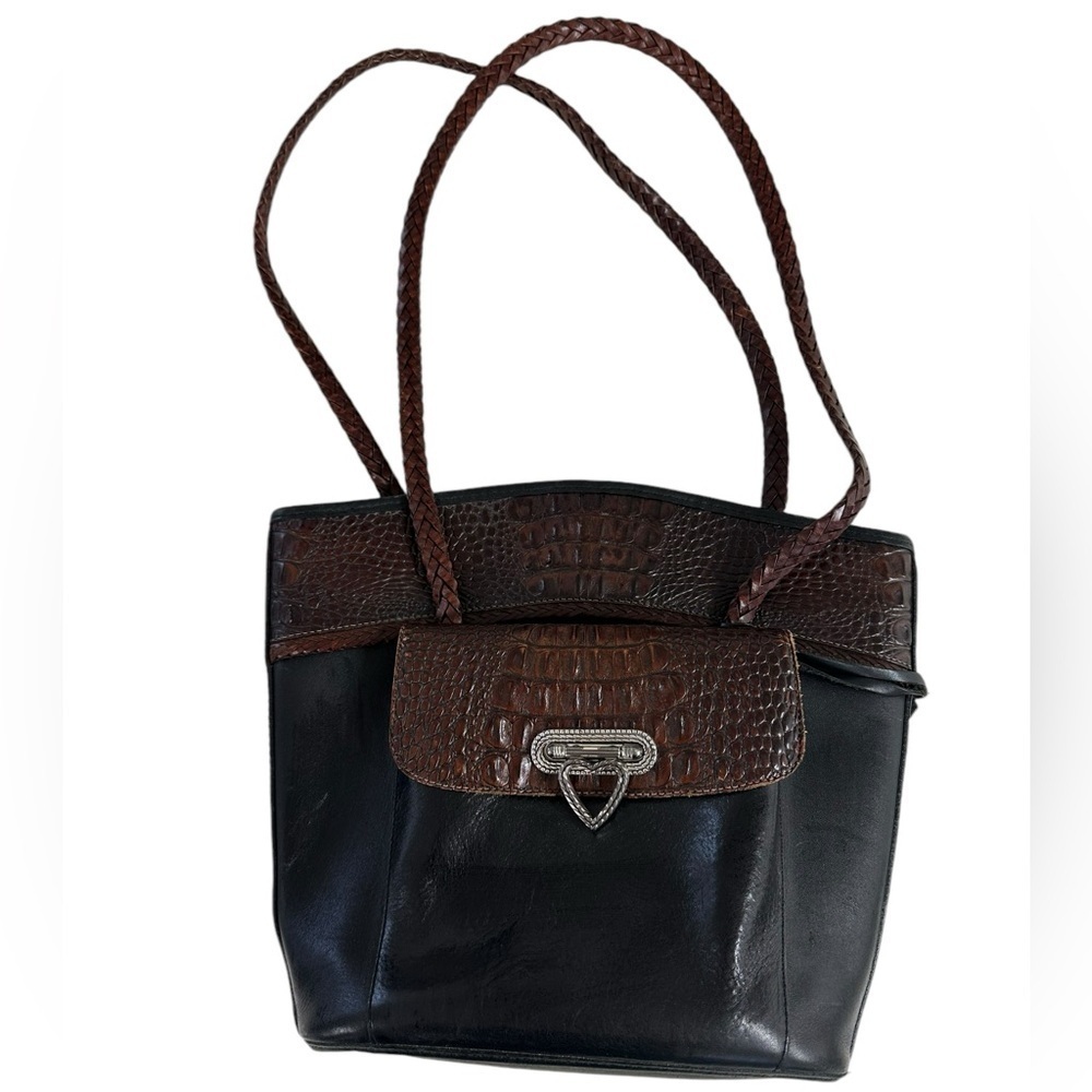 Brighton Bucket Bag Heart Clasp Closure Croc Leather Braided Shoulder Straps - Picture 2 of 7